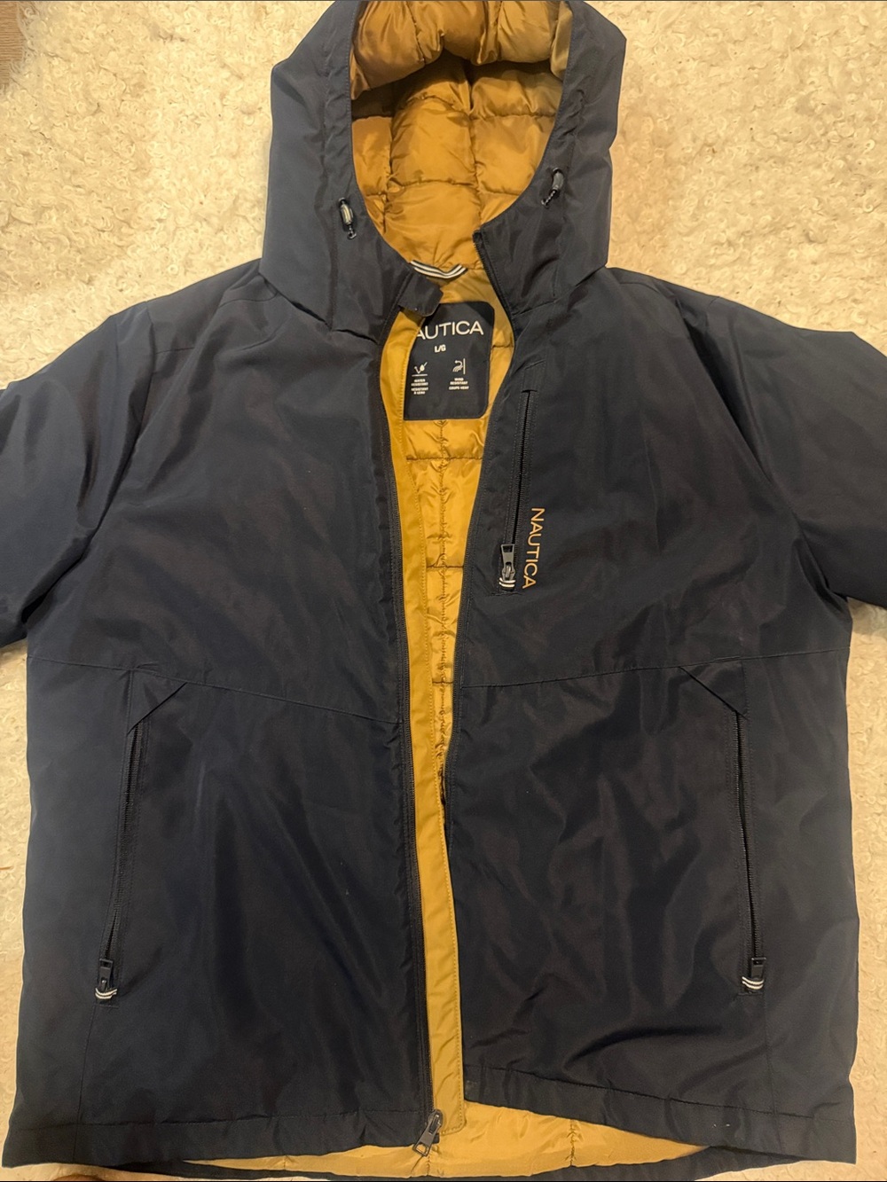 Nautica Men's Navy Jacket with Mustard Liner Hooded Puffer